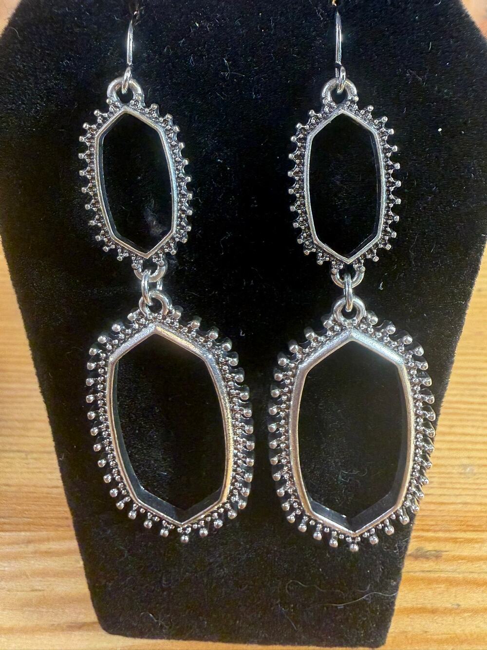 Silver Tone Geometric Openwork Double Drop Earrings Boho Statement 2.75"